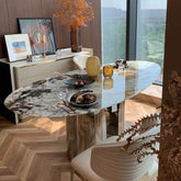 Elliptical white marble effect dining table with anti-stain and scratch-tolerant finish, seats 6 to 8 main product image